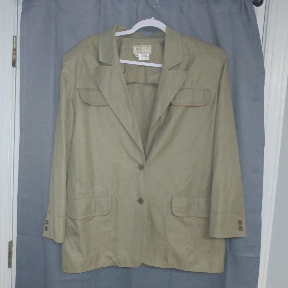 ❤️Rare GUCCI KHAKI BLAZER Padded~4 Pockets Leather Trim~Raised Back Darts 48 /12